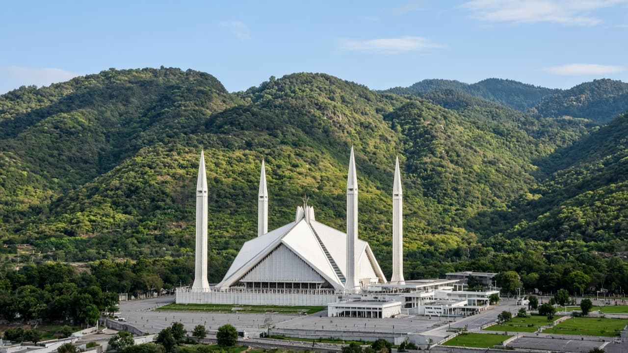Faisal Mosque with the Margalla Hills in Islamabad