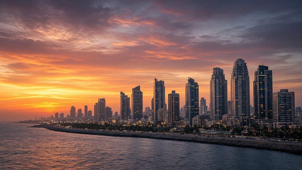 Karachi waterfront skyline at dusk